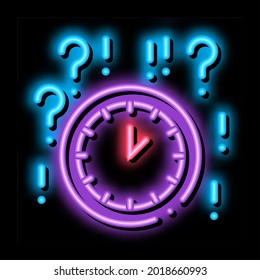 Clock And Question Mark neon light sign vector. Glowing bright icon Clock And Question Mark sign. transparent symbol illustration