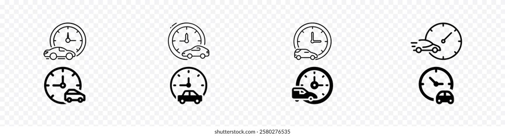 clock with a racing car icon, quick time icon, speed time vector icons set, Car and clock. Driving time icon
