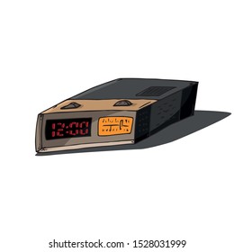 Clock with radio. Vector illustration of a digital alarm clock with radio. 12 hours. Hand drawn.