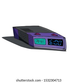 Clock with radio. Vector illustration of a digital alarm clock with radio 6:00 am. Hand drawn alarm clock.