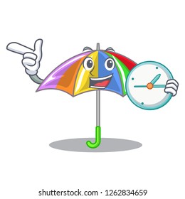 With clock rainbow umbrella isolated on a mascot