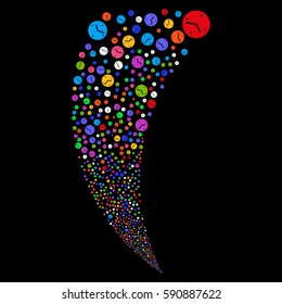 Clock random fireworks stream. Vector illustration style is flat bright multicolored iconic symbols on a black background. Object fountain constructed from scattered icons.