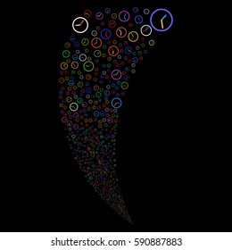 Clock random fireworks stream. Vector illustration style is flat bright multicolored iconic symbols on a black background. Object fountain done from scattered pictograms.