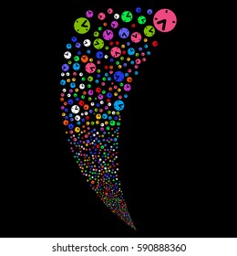 Clock random fireworks stream. Vector illustration style is flat bright multicolored iconic symbols on a black background. Object fountain created from scattered symbols.