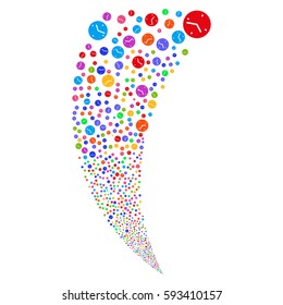 Clock random fireworks stream. Vector illustration style is flat bright multicolored iconic symbols on a white background. Object fountain organized from scattered pictograms.