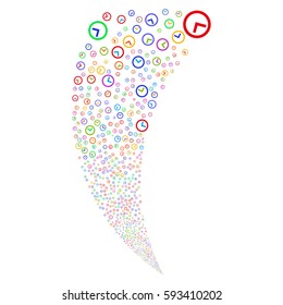 Clock random fireworks stream. Vector illustration style is flat bright multicolored iconic symbols on a white background. Object fountain done from scattered symbols.