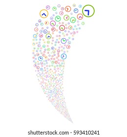 Clock random fireworks stream. Vector illustration style is flat bright multicolored iconic symbols on a white background. Object fountain done from scattered symbols.