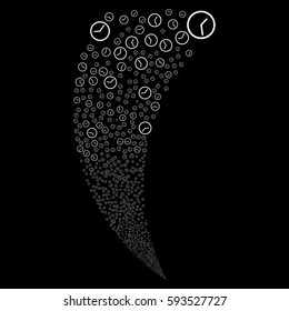Clock random fireworks stream. Vector illustration style is flat white iconic symbols on a black background. Object fountain constructed from scattered design elements.