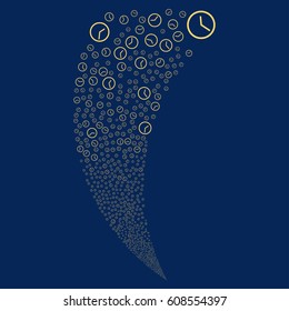 Clock random fireworks stream. Vector illustration style is flat yellow iconic symbols on a blue background. Object fountain constructed from scattered pictographs.