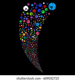 Clock random fireworks stream. Vector illustration style is flat bright multicolored iconic symbols on a black background. Object fountain constructed from scattered design elements.