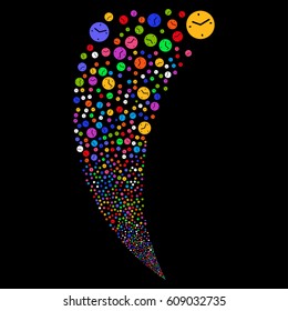 Clock random fireworks stream. Vector illustration style is flat bright multicolored iconic symbols on a black background. Object fountain created from scattered icons.
