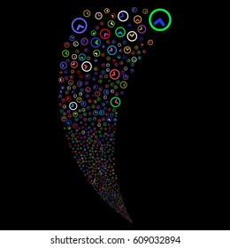Clock random fireworks stream. Vector illustration style is flat bright multicolored iconic symbols on a black background. Object fountain done from scattered icons.