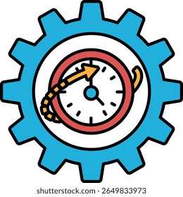 Um relógio com uma seta vermelha apontando para o número 12. O relógio é cercado por um círculo azul com um círculo vermelho no meio. O relógio é um símbolo do tempo e a seta representa a passagem do tempo