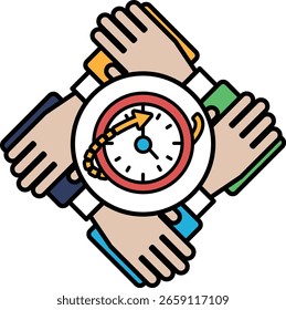 A clock with a red arrow pointing to the number 12. The clock is surrounded by four hands, each of which is holding the hands of the other three. Concept of teamwork and collaboration