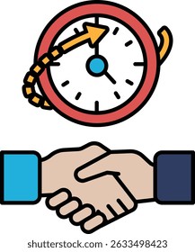 A clock with a red circle and an arrow pointing to the right. The clock is surrounded by two hands, one on the left and one on the right. Concept of time passing