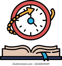A clock with a red circle and a blue arrow pointing to the right. The clock is set at 12:00