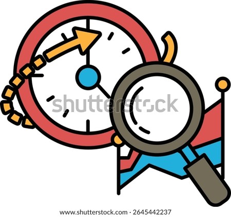 A clock with a red circle and a blue arrow pointing to the right. A magnifying glass is next to the clock