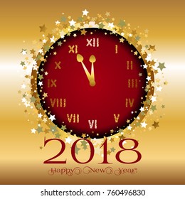 Clock with a red dial on a gold background. Gold stars. New Year.
