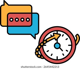 A clock with a red face and a blue arrow pointing to the right. The clock is surrounded by two speech bubbles, one of which is blue and the other is red
