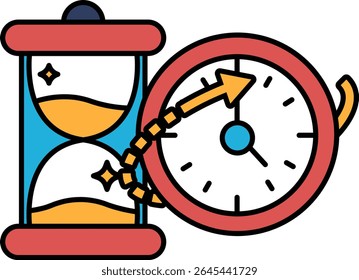 A clock with a red face and a blue background. The clock is showing the time as 10:00