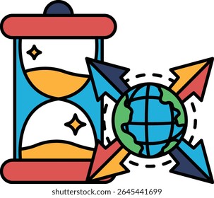 A clock with a red face and a blue hour hand. The clock is surrounded by arrows pointing in different directions. Concept of time passing and the concept of change. Scene is somewhat abstract