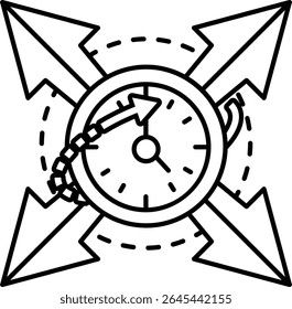A clock with a red face and four arrows pointing to the numbers