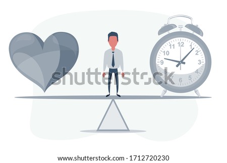 A clock and a red heart hung together on a rope. Time and love concept. Businessman standing on seesaw. Vector flat design illustration.
