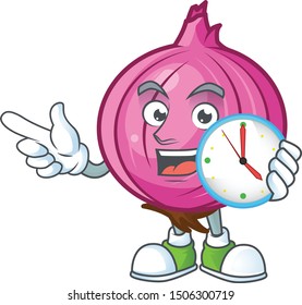 With clock red onion cartoon character with mascot