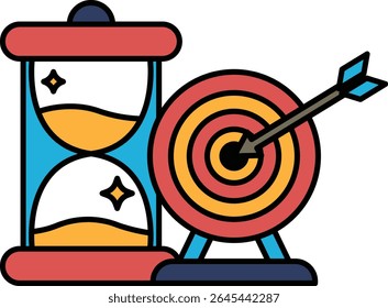 Um relógio com uma face vermelha e amarela e uma seta preta apontando para um alvo. O relógio está definido para a hora das 10:00