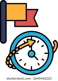 Um relógio com um sinalizador vermelho e amarelo no fundo. O relógio está definido para a hora das 10:00