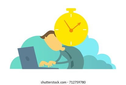 Clock reminds the worker of deadline. Time to take the project. Man does not have time to make project.