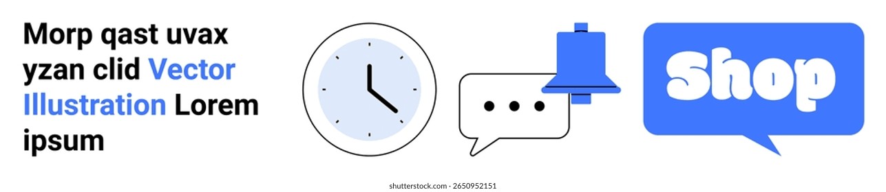 Relógio que representa a bolha de bate-papo de gerenciamento de tempo para comunicação campainha de notificação para alertas e símbolo de loja para compras on-line. Ideal para comunicação de gerenciamento de tempo de sites de comércio eletrônico