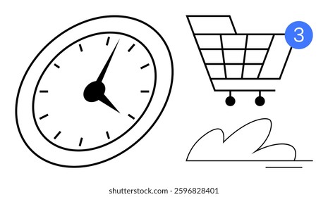 Clock representing time management, shopping cart with notification indicating online purchases, and abstract shape. Ideal for e-commerce, online shopping, time efficiency, digital marketing