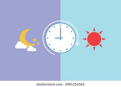 Clock with rolling arrow, sun and moon illustration showing daily cycle