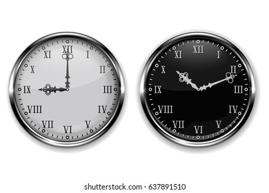 Clock with roman numerals and chrome frame. Vector illustration isolated on white background 