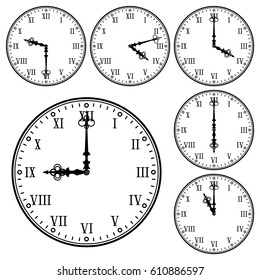 Clock with roman numerals. Collection of different time indication. Vector illustration isolated on white background