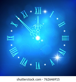 Clock with Roman numerals. Happy New Year abstract light background with clock for your poster, banner, postcard, invitation or greeting card design