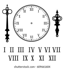 Clock with roman numerals. With numbers, hour and second hands separately. Vector illustration isolated on white background