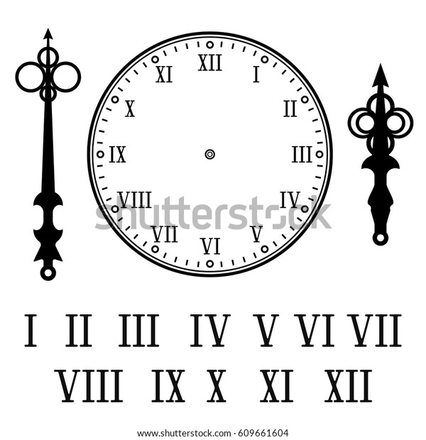 Clock with roman numerals. With numbers, hour\
and second hands separately. Vector illustration isolated on white\
background