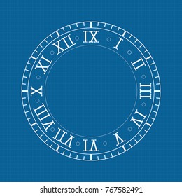 Clock with roman numerals on blue backgroud. Vector illustration