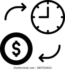 clock with rotating arrows vector Glyph icon design, Trade and barter Symbol on White background, Ratio between time and money concept, 