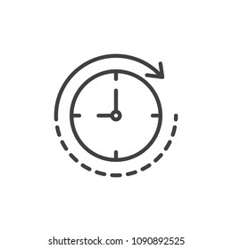 Clock with rotation arrow outline icon. linear style sign for mobile concept and web design. Deadline simple line vector icon. History symbol, logo illustration. Pixel perfect vector graphics
