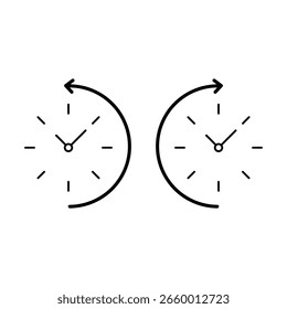 Clock rotation icon set for schedule update and repeat timing concept in simple minimal line vector style isolated on background.