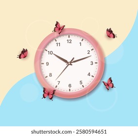 Clock with round hands with flying butterflies and sun glare on yellow blue background. Vector 3D illustration.