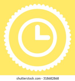 Clock round stamp icon. This flat vector symbol is drawn with white color on a yellow background.