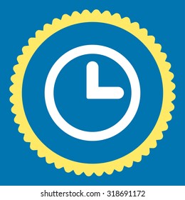 Clock round stamp icon. This flat vector symbol is drawn with yellow and white colors on a blue background.