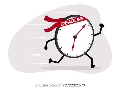 Un reloj corre rápidamente, usando una banda de "DEADLINE", que simboliza la urgencia y la prisa de acercarse a una fecha límite de tarea.