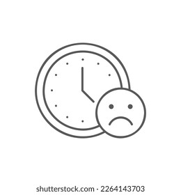 Clock with sad face, bad time lineal icon. Time management symbol design.