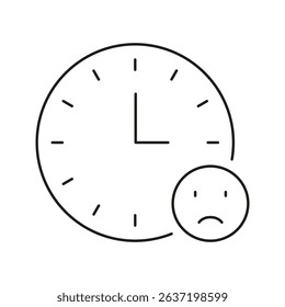 Clock With Sad Face Line Icon. Time Management Stress And Emotional Wellbeing Outline Symbol. Work-Life Balance, Anxiety, And Mental Health Awareness. Editable Stroke. Isolated Vector Illustration.