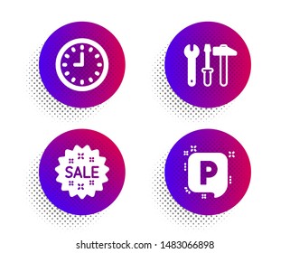 Clock, Sale and Spanner tool icons simple set. Halftone dots button. Parking sign. Time or watch, Shopping star, Repair screwdriver. Auto park. Business set. Classic flat clock icon. Vector
